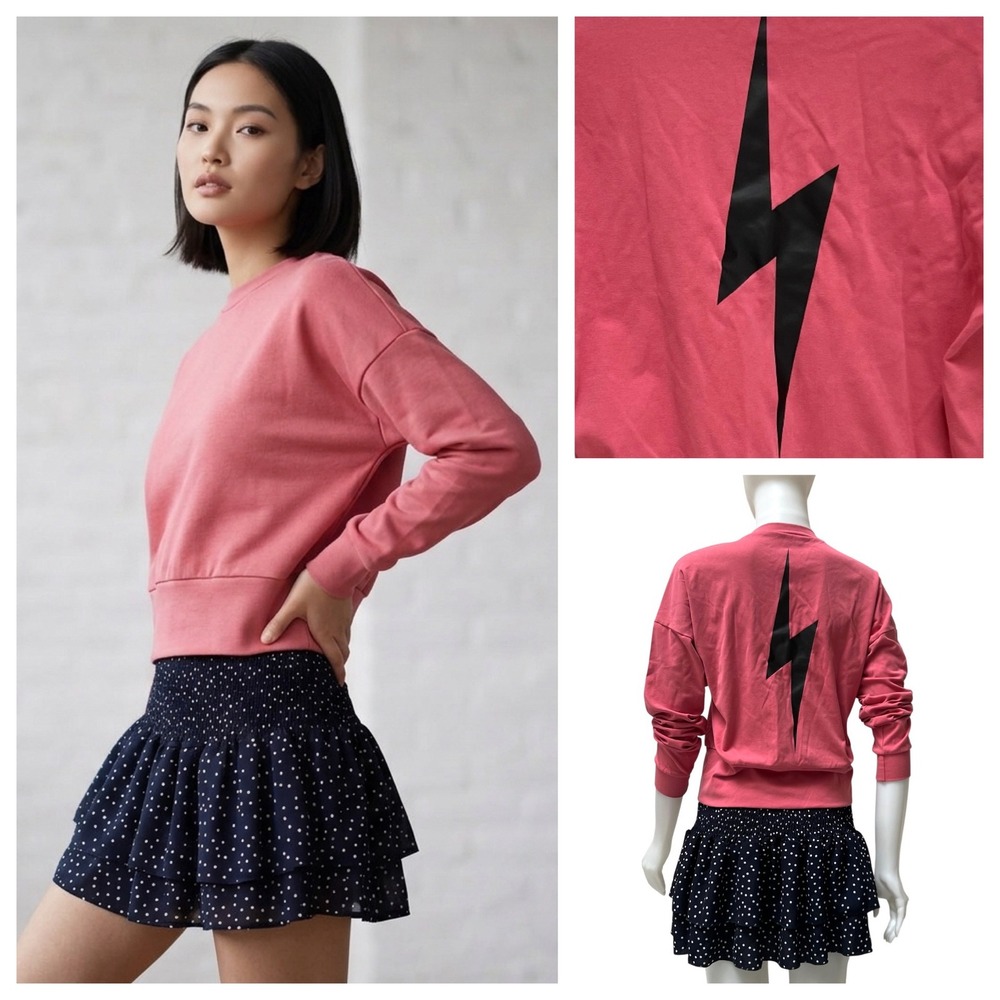 Pink Lightning Bolt Women Cropped Sweatshirt M Boxy Grunge Egirl Y2K Streetwear